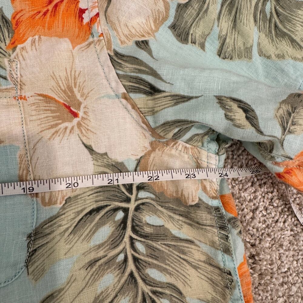 Caribbean Men’s Linen Hawaiian Shirt Large Aqua Blue Floral Tropical Camp - Picture 8 of 10
